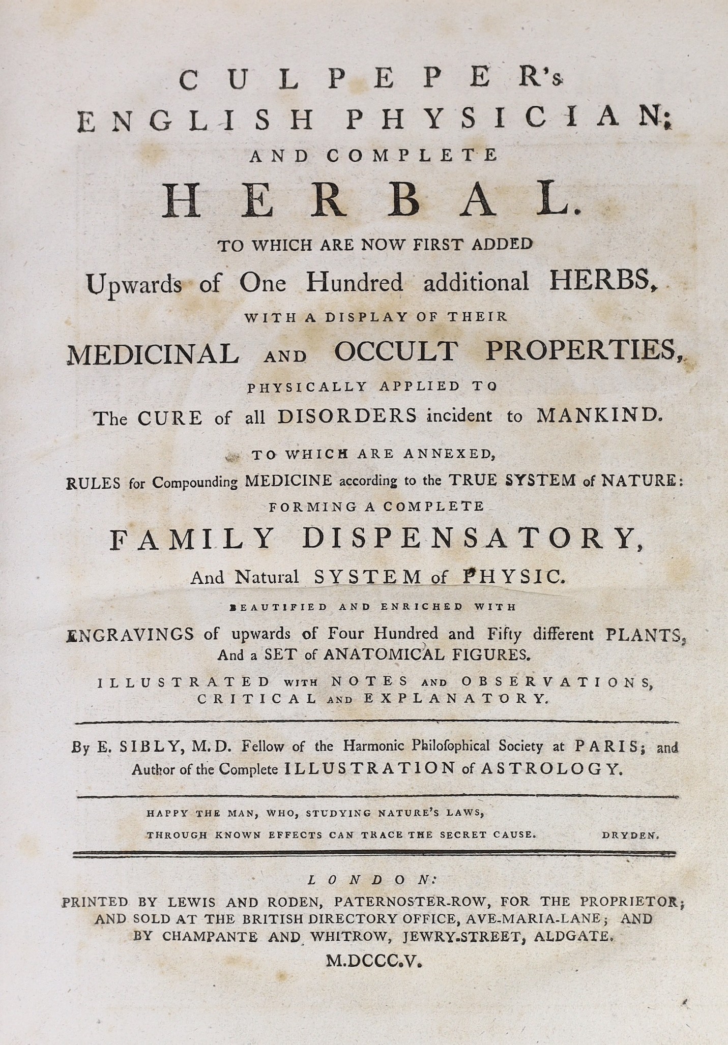 Culpeper, Nicholas - The English Physician and Complete Herbal, 2 parts in 1 vol. 4to, burr calf, with engraved portrait and 35 plates, London, 1805